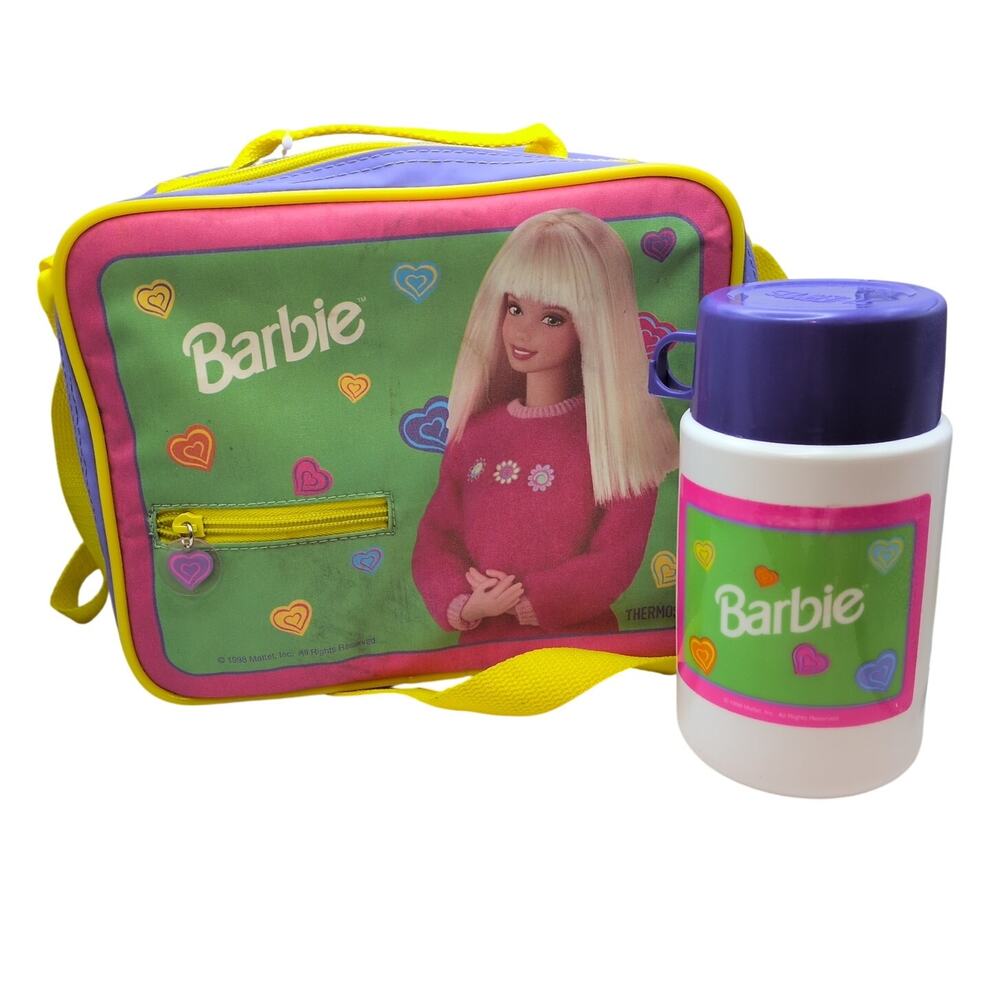 Vintage 1998 Barbie Thermos Lunchbox Matching Set Purple Green Soft Zip W/Strap